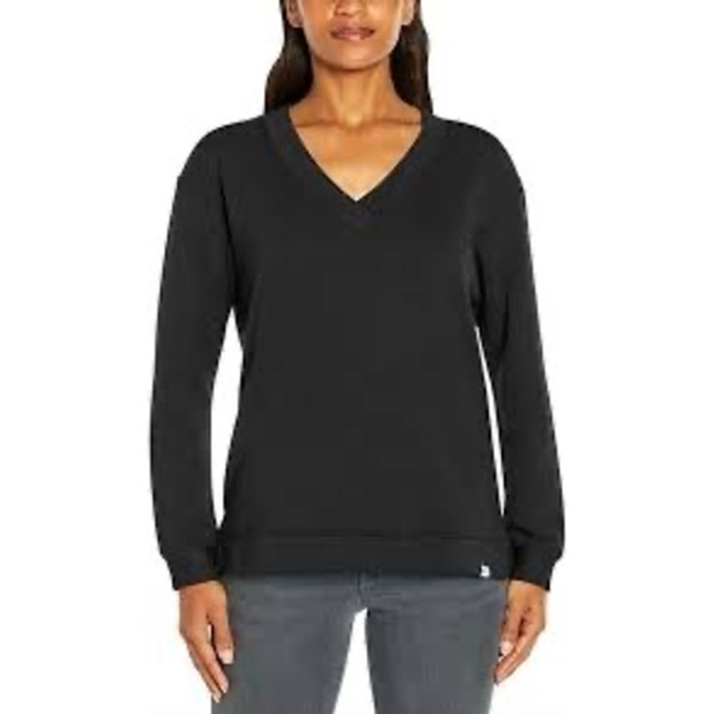 Orvis‎ V-Neck Sweatshirt Women XL Black Excellent Modal Blend Pullover Side Slit